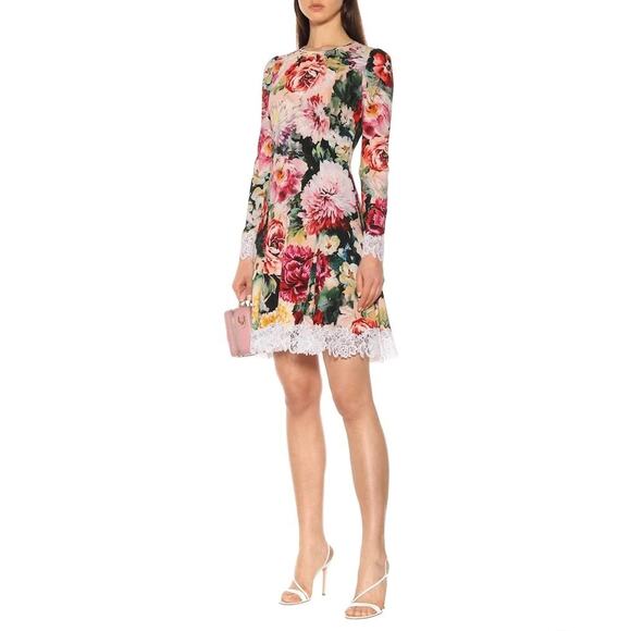 NWT Dolce & Gabbana Lace Trimmed Floral Crepe Mini Dress Multi IT 42 / M - Picture 5 of 11
